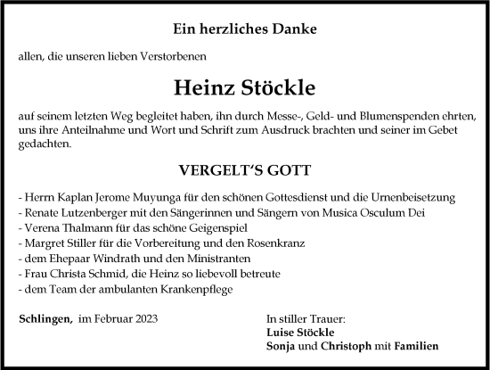 Traueranzeige von Heinz Stöckle von Mindelheimer Zeitung