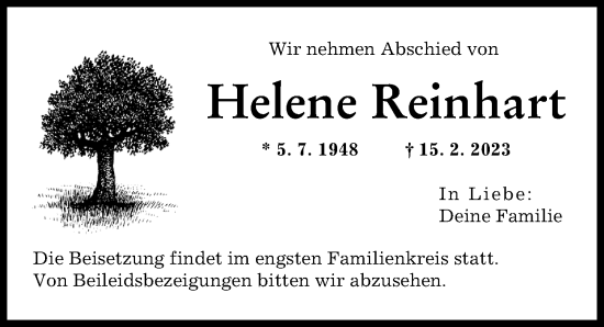 Traueranzeige von Helene Reinhart von Friedberger Allgemeine, Augsburger Allgemeine