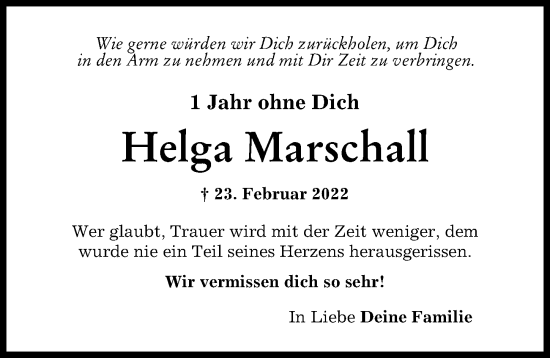 Traueranzeige von Helga Marschall von Friedberger Allgemeine