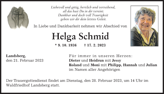 Traueranzeige von Helga Schmid von Landsberger Tagblatt