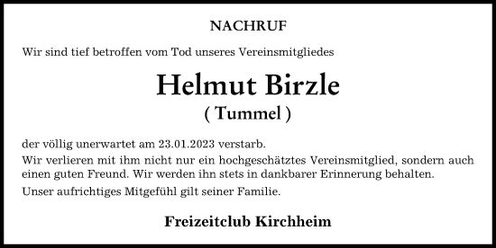 Traueranzeige von Helmut Birzle von Mindelheimer Zeitung