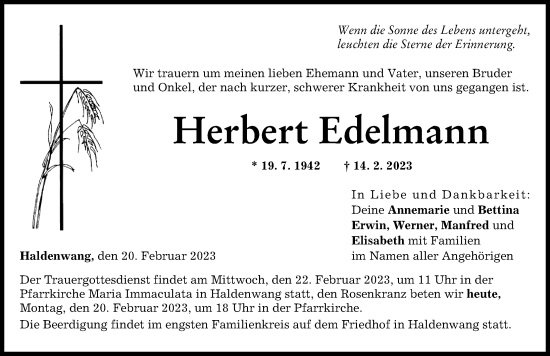 Traueranzeige von Herbert Edelmann von Günzburger Zeitung