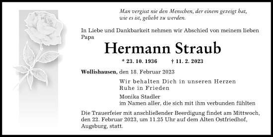 Traueranzeige von Hermann Straub von Augsburger Allgemeine