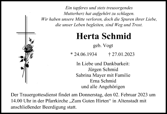Traueranzeige von Herta Schmid von Illertisser Zeitung