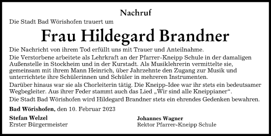 Traueranzeige von Hildegard Brandner von Mindelheimer Zeitung