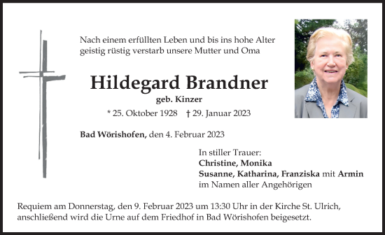 Traueranzeige von Hildegard Brandner von Mindelheimer Zeitung