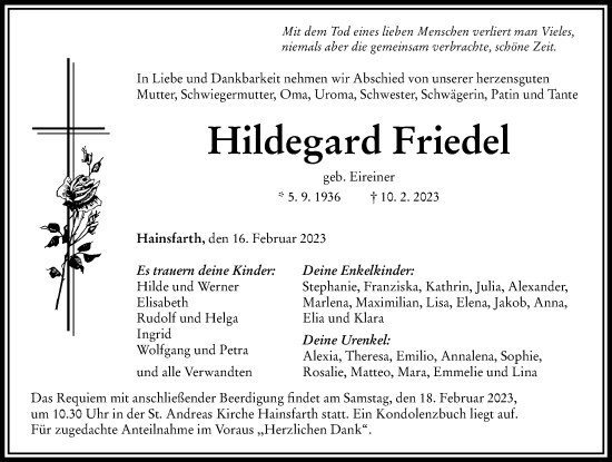 Traueranzeige von Hildegard Friedel von Rieser Nachrichten