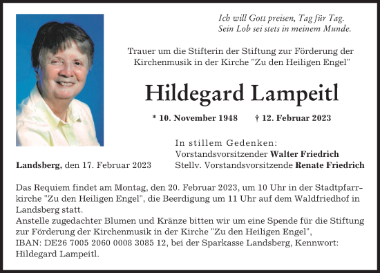 Traueranzeige von Hildegard Lampeitl von Landsberger Tagblatt