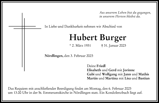Traueranzeige von Hubert Burger von Rieser Nachrichten