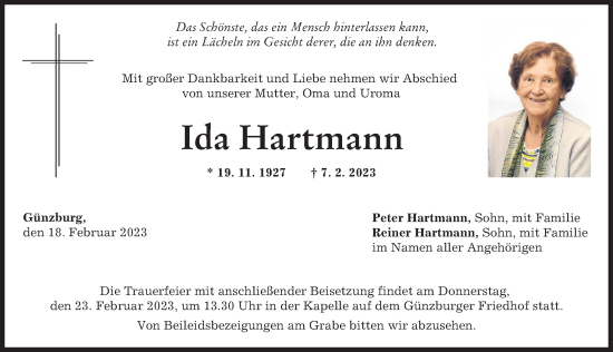 Traueranzeige von Ida Hartmann von Günzburger Zeitung