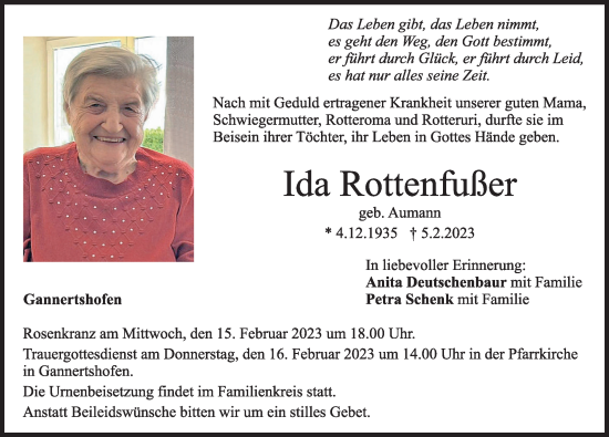 Traueranzeige von Ida Rottenfußer von Illertisser Zeitung