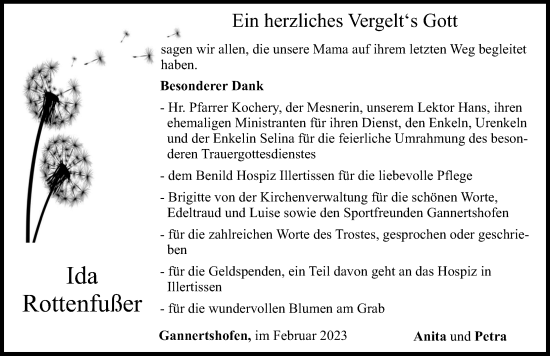 Traueranzeige von Ida Rottenfußer von Illertisser Zeitung