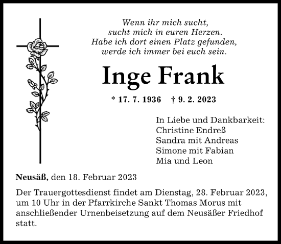 Traueranzeige von Inge Frank von Augsburger Allgemeine