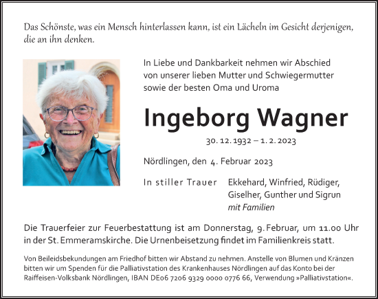Traueranzeige von Ingeborg Wagner von Rieser Nachrichten