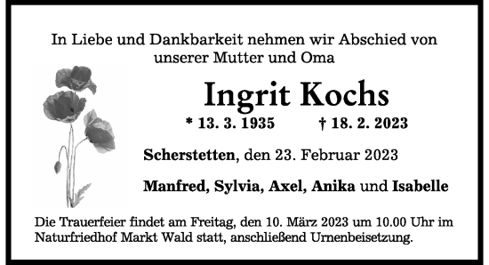 Traueranzeige von Ingrit Kochs von Schwabmünchner Allgemeine, Mindelheimer Zeitung