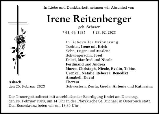 Traueranzeige von Irene Reitenberger von Wertinger Zeitung, Augsburg-Land