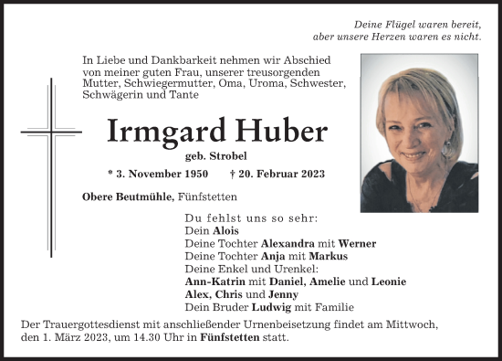 Traueranzeige von Irmgard Huber von Donauwörther Zeitung