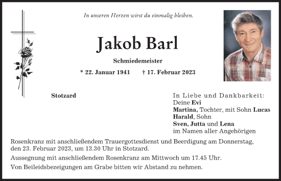 Traueranzeige von Jakob Barl von Aichacher Nachrichten