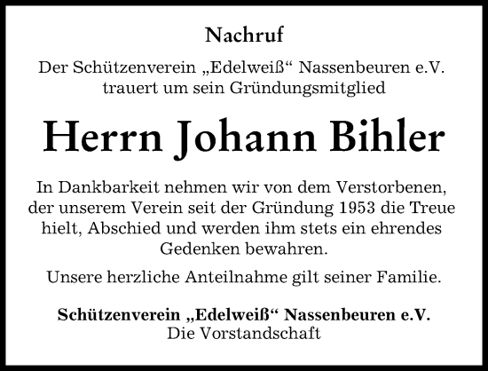 Traueranzeige von Johann Bihler von Mindelheimer Zeitung