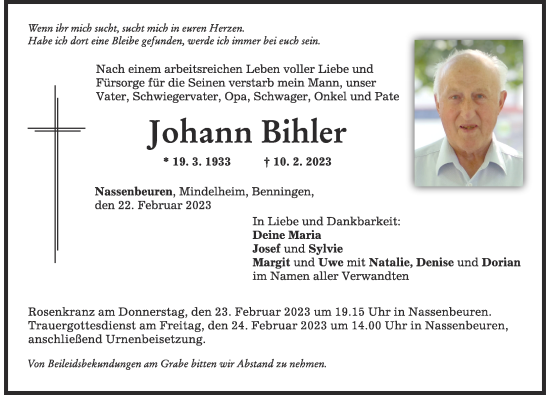 Traueranzeige von Johann Bihler von Mindelheimer Zeitung