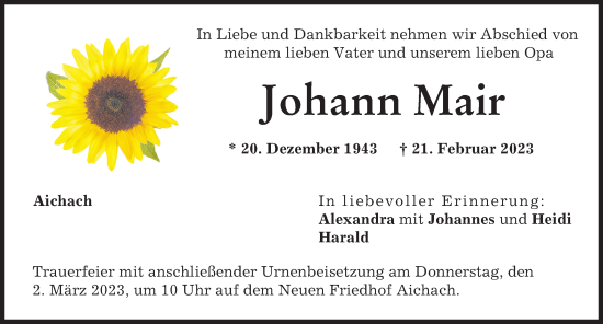 Traueranzeige von Johann Mair von Aichacher Nachrichten