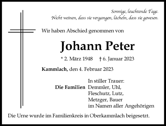 Traueranzeige von Johann Peter von Mindelheimer Zeitung