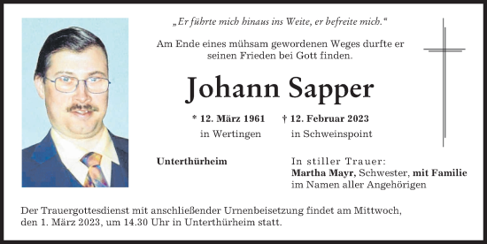 Traueranzeige von Johann Sapper von Wertinger Zeitung
