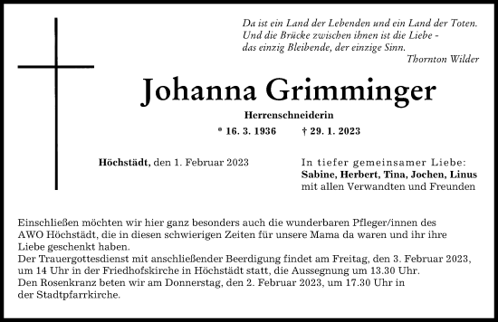 Traueranzeige von Johanna Grimminger von Donau Zeitung