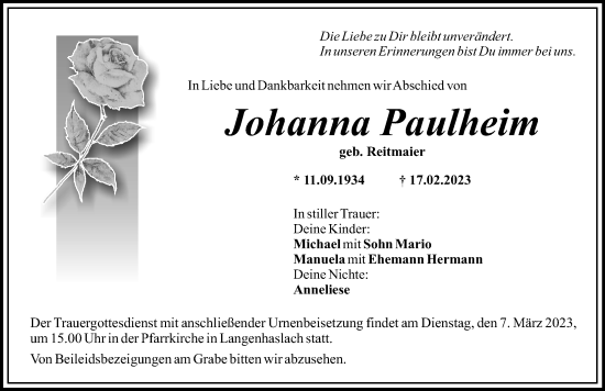 Traueranzeige von Johanna Paulheim von Mittelschwäbische Nachrichten