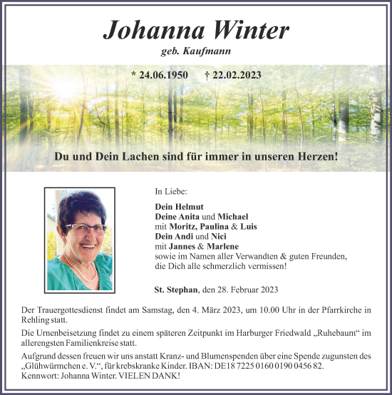 Traueranzeige von Johanna Winter von Aichacher Nachrichten