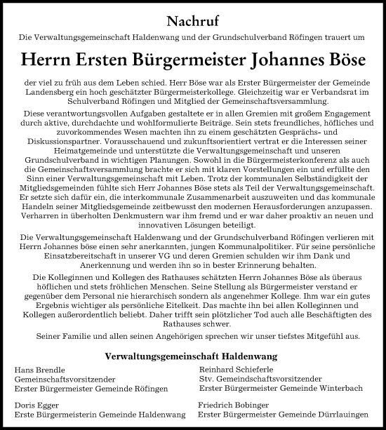 Traueranzeige von Johannes Böse von Günzburger Zeitung
