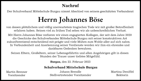 Traueranzeige von Johannes Böse von Günzburger Zeitung