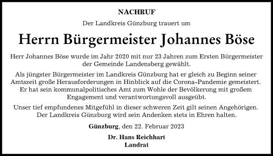 Traueranzeige von Johannes Böse von Günzburger Zeitung