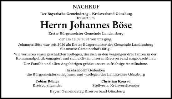 Traueranzeige von Johannes Böse von Mittelschwäbische Nachrichten, Günzburger Zeitung