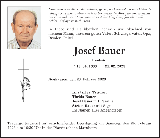Traueranzeige von Josef Bauer von Donauwörther Zeitung