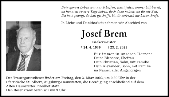 Traueranzeige von Josef Brem von Augsburger Allgemeine