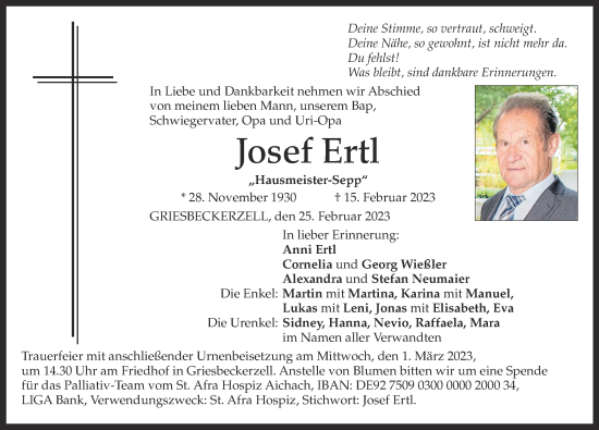 Traueranzeige von Josef Ertl von Aichacher Nachrichten