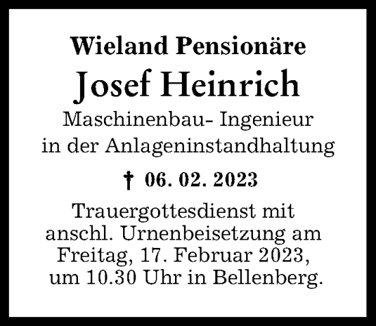 Traueranzeige von Josef Heinrich von Neu-Ulmer Zeitung, Illertisser Zeitung