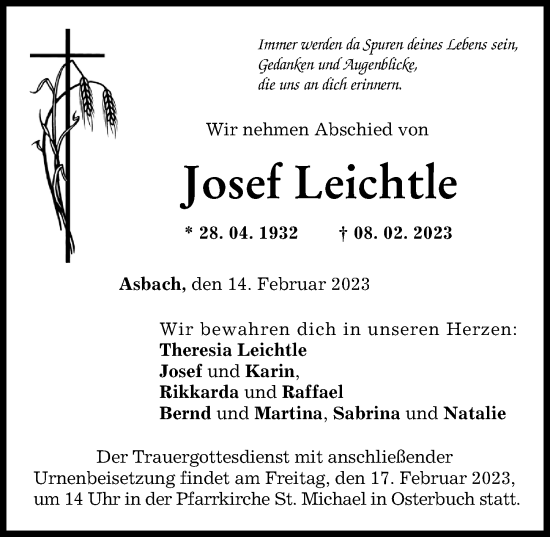 Traueranzeige von Josef Leichtle von Wertinger Zeitung