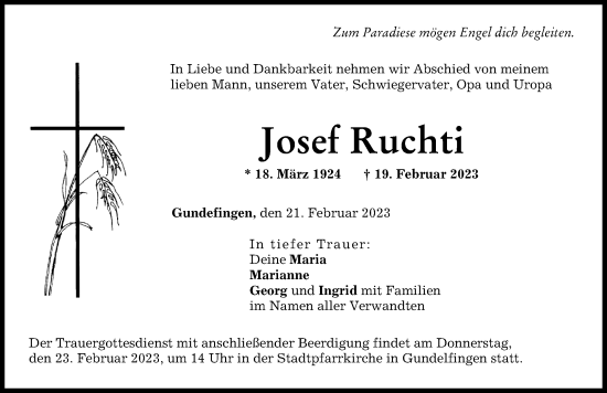 Traueranzeige von Josef Ruchti von Donau Zeitung