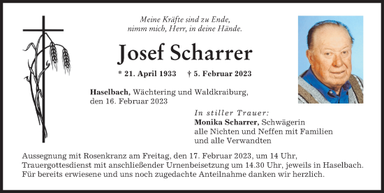 Traueranzeige von Josef Scharrer von Neuburger Rundschau