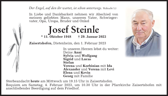 Traueranzeige von Josef Steinle von Mindelheimer Zeitung