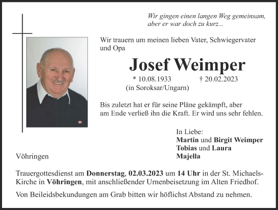 Traueranzeige von Josef Weimper von Neu-Ulmer Zeitung, Illertisser Zeitung