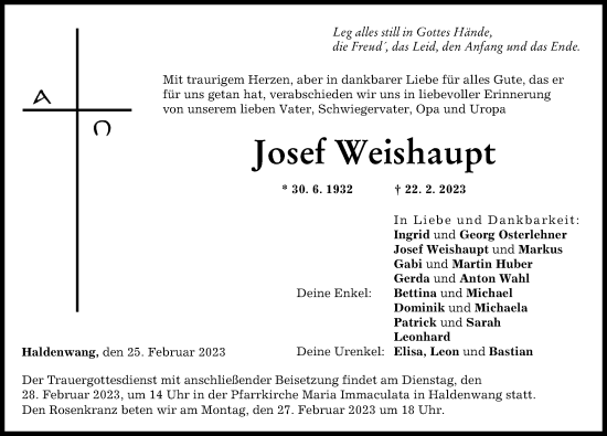 Traueranzeige von Josef Weishaupt von Günzburger Zeitung