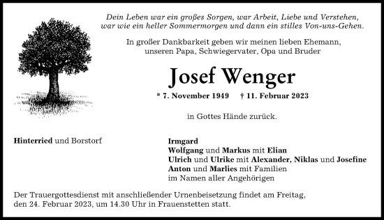 Traueranzeige von Josef Wenger von Wertinger Zeitung, Augsburg-Land