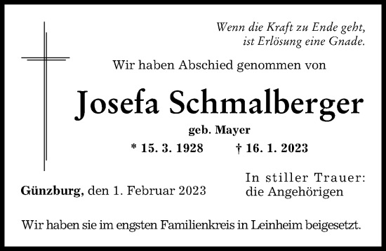 Traueranzeige von Josefa Schmalberger von Günzburger Zeitung