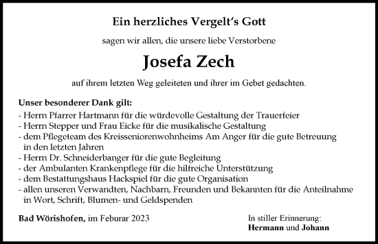 Traueranzeige von Josefa Zech von Mindelheimer Zeitung