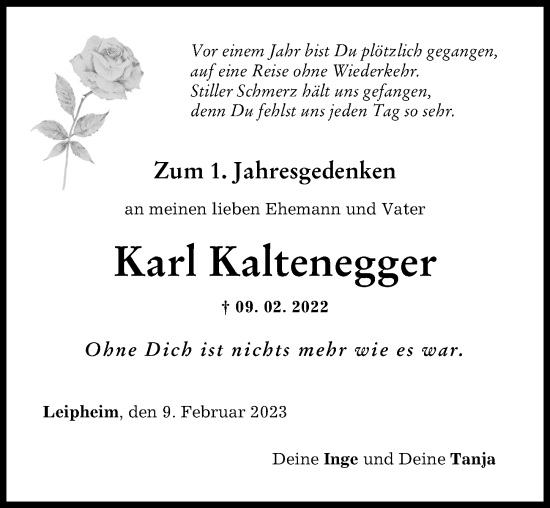 Traueranzeige von Karl Kaltenegger von Mittelschwäbische Nachrichten, Günzburger Zeitung