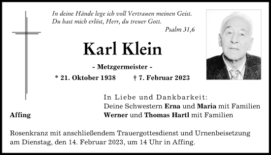 Traueranzeige von Karl Klein von Aichacher Nachrichten