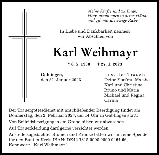 Traueranzeige von Karl Weihmayr von Augsburger Allgemeine